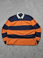 ポロ ラルフローレン ストライプ 白 カラ ラグビー Tシャツ ( L ) / 10074