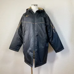 美品【ミズノ】 ベンチコート 箱根駅伝 ブルゾン 黒 ブラック F　mizuno　2025年　フリース 中綿 ボア ワンポイント フード　ロング丈 y2k