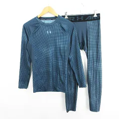 アンダーアーマー UNDER ARMOUR セットアップ 上下 インナーシャツ 長袖 クルーネック タイツ ロング丈 総柄 ロゴ ストレッチ LG グレー スポーツウェア ※EKM