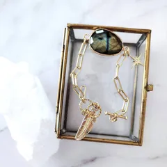 シンプルブレスレット【オーバル型ラブラドライト、羽パーツ】2段階長さ調節可