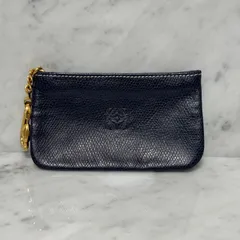 美品 LOEWE ロエベ コインケース 小銭入れ 本革 レザー アナグラム チェーン ゴールド ネイビー