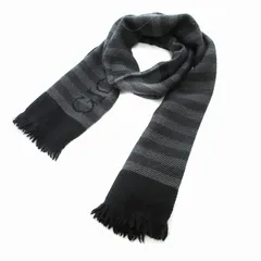 ジョルジオアルマーニ GIORGIO ARMANI マフラー ボーダー ロゴ ウール フリンジ 黒 グレー /JS ■GY99