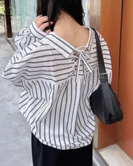 INGNI イング バックレースアップ いろいろボタン ストライプ 裾タックシャツ 長袖ブラウス