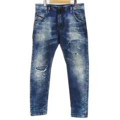 ディーゼル DIESEL KROOLEY スウェット デニム パンツ 30 青系 ブルー ジップフライ ダメージ 加工 ストレッチのサムネイル