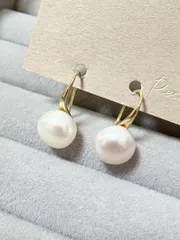淡水パール 10mm フックピアス（ゴールド）