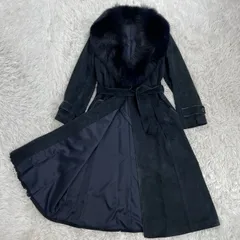 希少　山羊革　ロングレザーコート　フォックスファー　ベルト　ブラック　Aライン　高級　フレア　女優襟　ゴートレザー　スエード調　M相当