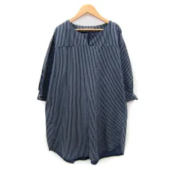 シューラルー SHOO・LA・RUE ワンピース ひざ丈 長袖 スリットネック ストライプ柄 オーバーサイズ L 紺 ネイビー /SY2