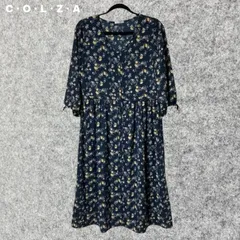 C・O・L・Z・A 花柄ネイビーVネック七分袖ワンピース Lサイズ
