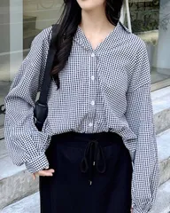 INGNI イング バックレースアップ 裾タック チェック柄シャツ 長袖ブラウス ギンガムチェック ブラック クロ 黒