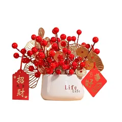 【新品】 himsyuden 2025 新年飾り ベリー 造花セット 枯れない実 赤いベリー 鉢植え 陶磁器 盆栽 お正月飾り 赤い実 観葉植物 新年 お祝い 記念日 クリスマス パーティー飾り 贈答用 装飾花 花瓶付き 0