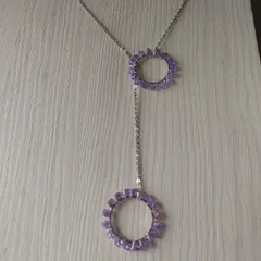 NO34 パープルスワロフスキーのダブルリングネックレス・70cm