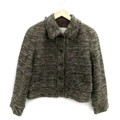 コルディア CORDIER ツイードジャケット ステンカラー ミドル丈 シルク混 42 XL 大きいサイズ マルチカラー ダークブラウン カーキ /SM39