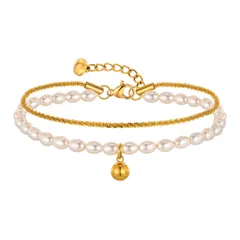 【数量限定】真パール ゴールド アクセサリー 丸玉チャーム付き 人気 二連チェーン 春夏コーデ 金属アレルギー対応 ブレスレット クリスマス ブレスレット パール ギフトに最適 レディース