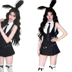 【新品】 [AOTYP] バニーガール コスプレ 5点セット うさぎ コスチューム シャツ つりスカート ネクタイ ベルト 制服 レディース プレゼント コスチュームイベント 仮装パーティー 撮影用の服 女性用 うさぎ耳付き ブラック 0