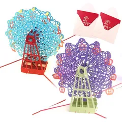 【新品】 moin moin メッセージ カード バースデー グリーディング 切り絵 立体 回る 飛び出す 3D 観覧車 封筒付 赤 レッド パープル&ライトブルー 2種セット 0