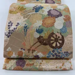 【美品】 袋帯 秀品 能衣献上百花 純金箔 花車 花束 唐織 金糸 ピンク 六通 正絹 【中古】