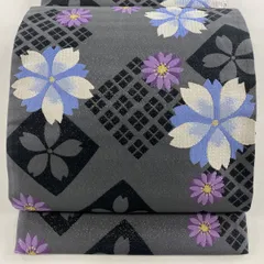 【美品】 袋帯 秀品 桜 斜め格子 金糸 箔 灰色 六通 正絹 【中古】
