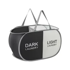 新品 TECHMILLY ランドリーバスケット 横型 折りたたみ 洗濯カゴ 大容量 75L 2分割 ランドリーバッグ 取っ手付き バスルーム 洗濯物入れ 軽量 旅行 ランドリー収納 ゴミ箱 長さ58cm×幅さ33.5cm×高さ34cm(ベージュ+ブラック、1P