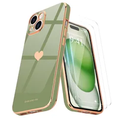 新品　ハート スマホケース おしゃれ 可愛い 薄型 女の子 耐衝撃 全面保護 落下防止 【1枚ケース+2枚ガラスフィルム】 メッキ加工 ケース アイフォン 用 15 15 Plus Plus 適用 iPhone 保護カバー(ライトグリーン) Teageo
