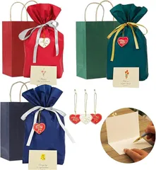 YOOTASIO 3枚 ラッピング袋 大 リボン付+紙袋+グリーティングカード+ハート型タグ梨地 光沢・二重構造・防水巾着袋 プレゼント袋 ギフト袋 ハロウィン バレンタインデー 結婚式 (赤+深緑+紺色,  Lx大きいサイズ 3色x3個入り)