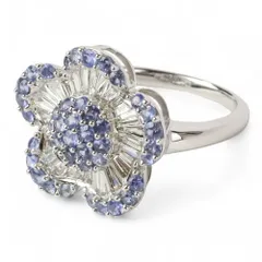 美品 K18WG ブルーサファイア ダイヤモンド フラワーモチーフ リング 指輪 11号 笠原真寿美デザイン ホワイトゴールド×ブルー レディース 古着 中古 USED