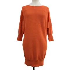 ロートレアモン LAUTREAMONT セーター ニット チュニック カットソー プルオーバー ボートネック ロング 透け感 ドルマンスリーブ 七分袖 38 オレンジ 赤 レッド