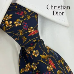 《未使用級》Christian Dior (クリスチャンディオール) シルクネクタイ フランス製 総柄 花 紺 黄 赤 青 タグ付き