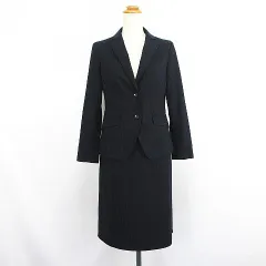 ニューヨーカー NEWYORKER セットアップ スカートスーツ ジャケット 長袖 テーラード シングル 裏地無し スカート ひざ丈 タイト ストライプ ウール混 ストレッチ 上7AR 下9 ネイビー ※EKM