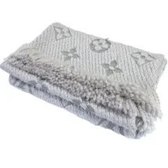 良品 LOUIS VUITTON ルイヴィトン エシャルプ ロゴマニア ウール×シルク フリンジマフラー M74742 グリペルル ライトグレー  レディース 古着 中古 USED