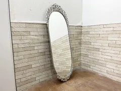 ■シャンブル Chambre Mirror 壁掛けミラー 鏡 オーバル型 姿見 全身 パール風 シルバー レリーフ アンティーク 高さ124.5cm(畑1147)