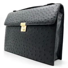 【良品】 オーストリッチ 本革 エキゾチックレザー ハンドバッグ トートバッグ ビジネスバッグ ブリーフケース フラップ ブラック 黒色 レザー 革 ゴールド金具 ユニセックス 男女兼用 メンズ レディース A4収納可能