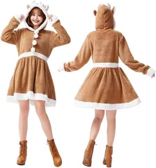 リスマス コスプレ トナカイ サンタ衣装 ワンピース レディース ふわふわ 可愛い 着ぐるみ 大きいサイズ ？袖 ワンピース フード付き サンタクロース 仮装 クリスマス コスチューム 親子服 イベント パーティー 新年会 文化祭