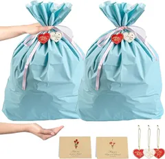 YOOTASIO ラッピング袋 大 リボン付+グリーティングカード+ハート型タグ二重構造・防水巾着袋 プレゼント袋 誕生日ギフトラッピング ハロウィン ラッピング用品 クリスマスラッピング YT1012 (2枚x水色,  XLx2枚プラスサイズ)