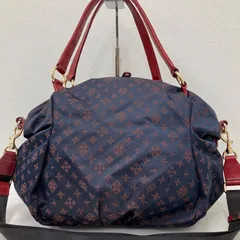 5961　russet　ラシット　2way　トートバッグ　ハンドバッグ　ショルダーバッグ　肩がけ　斜めがけ　クロスボディ　ネイビー × レッド系　紺　赤　モノグラム　総柄　ナイロン　レザー　ダブルファスナー