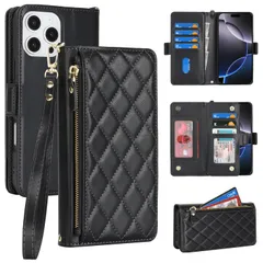 新品 対応 いphone16Pro Max ケース 手帳型 ジッパー式 カード収納 iphone16 pro Max ケース ファスナー 財布型 大容量 耐衝撃 小銭入れ アイフォン16 proMax カバー スタンド機能 フェイクレザー 携帯ケース - ブラ