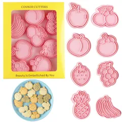 【人気商品】フルーツクッキー型可愛 アップル、バナナ、パイナップル、ジューシーピーチ、葡萄、いちご、マンゴスチン8個セットクッキー型抜き3D漫画製菓用品プレスタイプキッチンお弁当 手作り