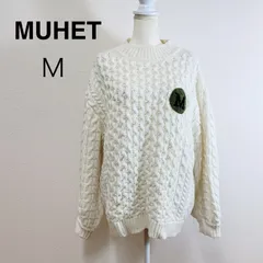 MUHET サガラ刺繍ロゴケーブルハイネックニット ヴィンテージ感 サガラ刺繍ワッペン ケーブル編み ボリュームニット 秋冬 カジュアル ハイネック セーター ホワイト Mのサムネイル