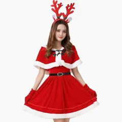 サンタ コスプレ トナカイ サンタクロース クリスマス コスチューム サンタコス トナカイカチューシャ＋ケープ＋ワンピース＋手袋＋ベルト ５点セット レディース 女性用 フリーサイズ