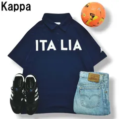 【美品】 カッパ Kappa イタリア デザイン ロゴ プリント 半袖 ポロシャツ サイドスリット XXL ネイビー ビッグシルエット オーバーサイズ ストリート フットボール スポーツ メンズ