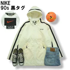 90s ヴィンテージ ナイキ 黒タグ NIKE フーデット ウィンド ジャケット ジップアップ パーカー 裏地 キルティング ロゴ 刺繍 L ホワイト x ブラック スポーツ ストリート メンズ