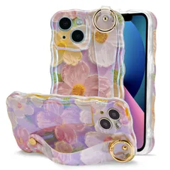 【数量限定】QLTYPRI iPhone 15 用 ケース TPUカバー ウェーブ おしゃれ 韓国 可愛い 花柄 薄型 軽量 耐衝撃 スマホケース ハンドベルト付き カラビナリング付き スタンド機能 ワイヤレス充電対応 ストラップホール付き アイフォン15 ケのサムネイル