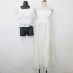 イング INGNI ジュノア JUNOAH イング INGNI キャミワンピース ブラウス 2枚セット ロング アシメトリーストラップ 異素材切替 シャーリング フリル シアーアイボリー オフホワイト M