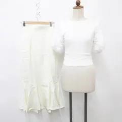 グレイル GRL ジュノア JUNOAH ニット スカート 2枚セット 五分袖 丸首 シャギー マーメイド フレアー ロング コルセット レースアップ シャーリング 白 ホワイト アイボリー S