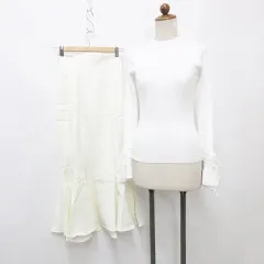 グレイル GRL ジュノア JUNOAH ニット スカート 2枚セット 長袖 ハイネック レース リボン マーメイド フレアー ロング レースアップ シャーリング 白 ホワイト アイボリー S