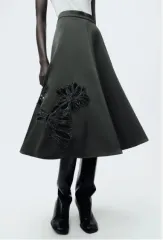 ZARA ザラ レディース ZW コレクション ブラック サテン ビーズ 刺繍 Aライン ミディ スカート L