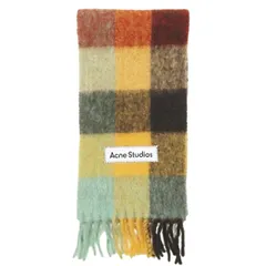美品 アクネ ストゥディオズ Acne Studios モヘア チェック マフラー ストール フリンジ ロゴパッチ チェスナットブラウン/イエロー/グリーン イタリア製 メンズ レディース