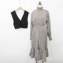 ジーユー GU NOA ビスチェ ワンピース 2枚セット Vネック レースアップリボン 長袖 ハイネック ロング丈 フレア 千鳥柄 黒 茶 ブラック ブラウン M