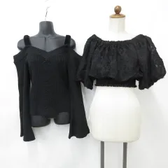 グレイル GRL ブラウス ニット 2枚セット 半袖 オフショル リボン 長袖 フェイクファー ベル袖 黒 ブラック F