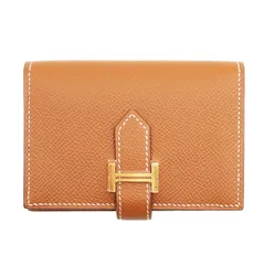 【極美品】HERMES エルメス ベアン ミニ エプソン カードケース H ロゴ ゴールド金具 ベルトストラップ Z刻印 折り財布 コインケース 箱付属 ブラウン ゴールド 茶色 金色 フランス製のサムネイル