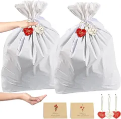 YOOTASIO ラッピング袋 大 リボン付+グリーティングカード+ハート型タグ二重構造・防水巾着袋 プレゼント袋 誕生日ギフトラッピング ハロウィン ラッピング用品 クリスマスラッピング YT1012 (2枚x白,  XLx2枚 プラスサイズ)